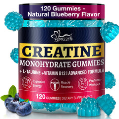 Front view of Hoozzch Creatine Gummies Blueberry flavor bottle, 120 count