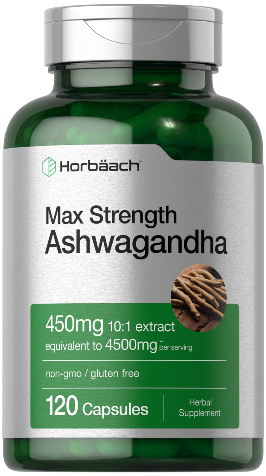 Bottle of Horbaach Ashwagandha supplement, 120 capsules