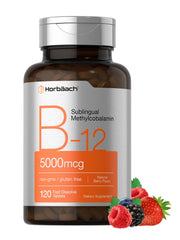 Horbäach B12 Vitamin 5000 mcg bottle with 120 fast-dissolve tablets