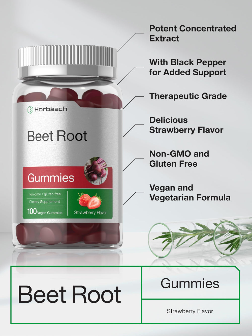 Ingredients and nutrition label for Horbaach Beet Root Gummies
