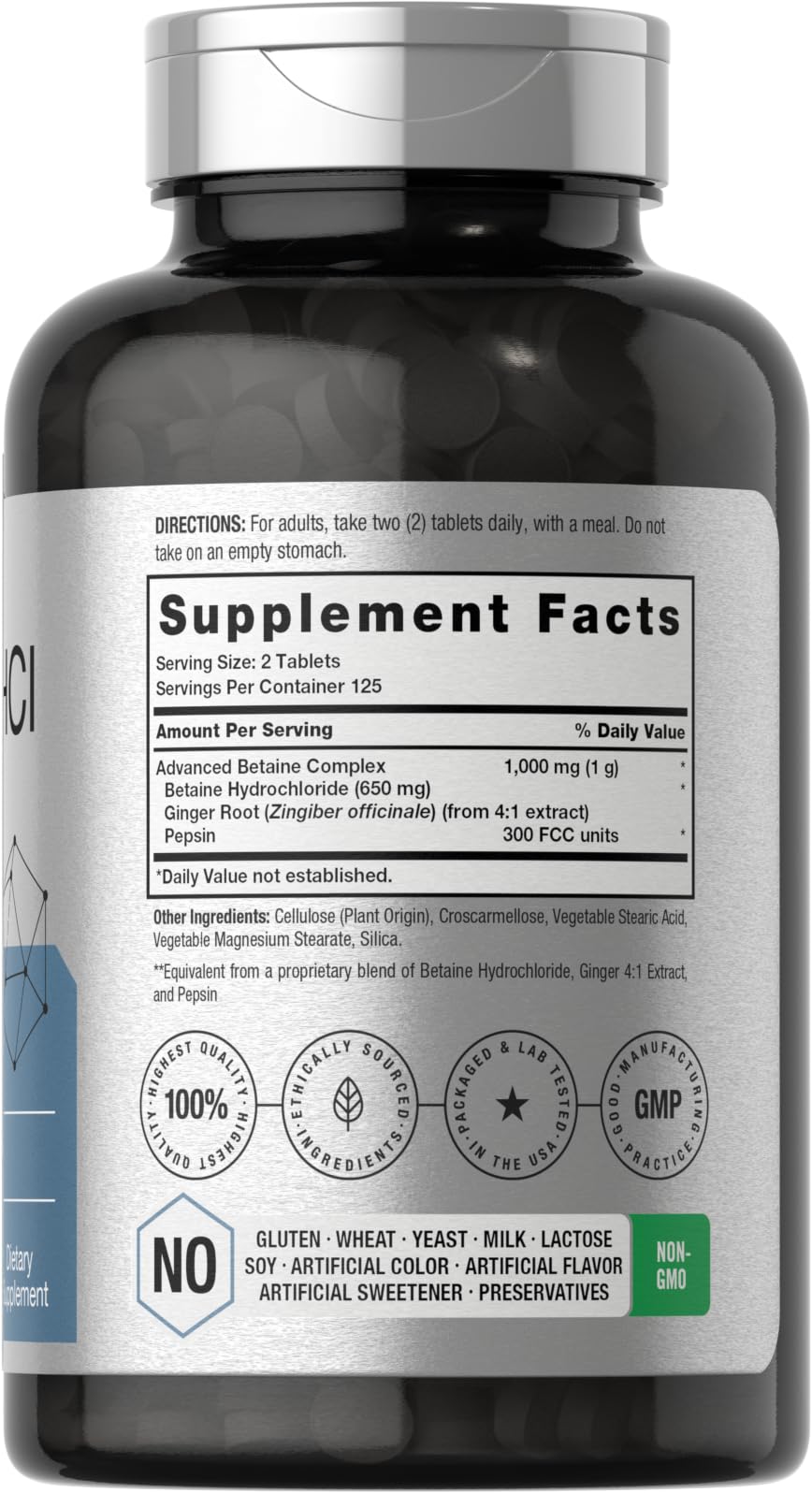 Close-up of Horbäach Betaine HCl with Pepsin 1000mg tablets