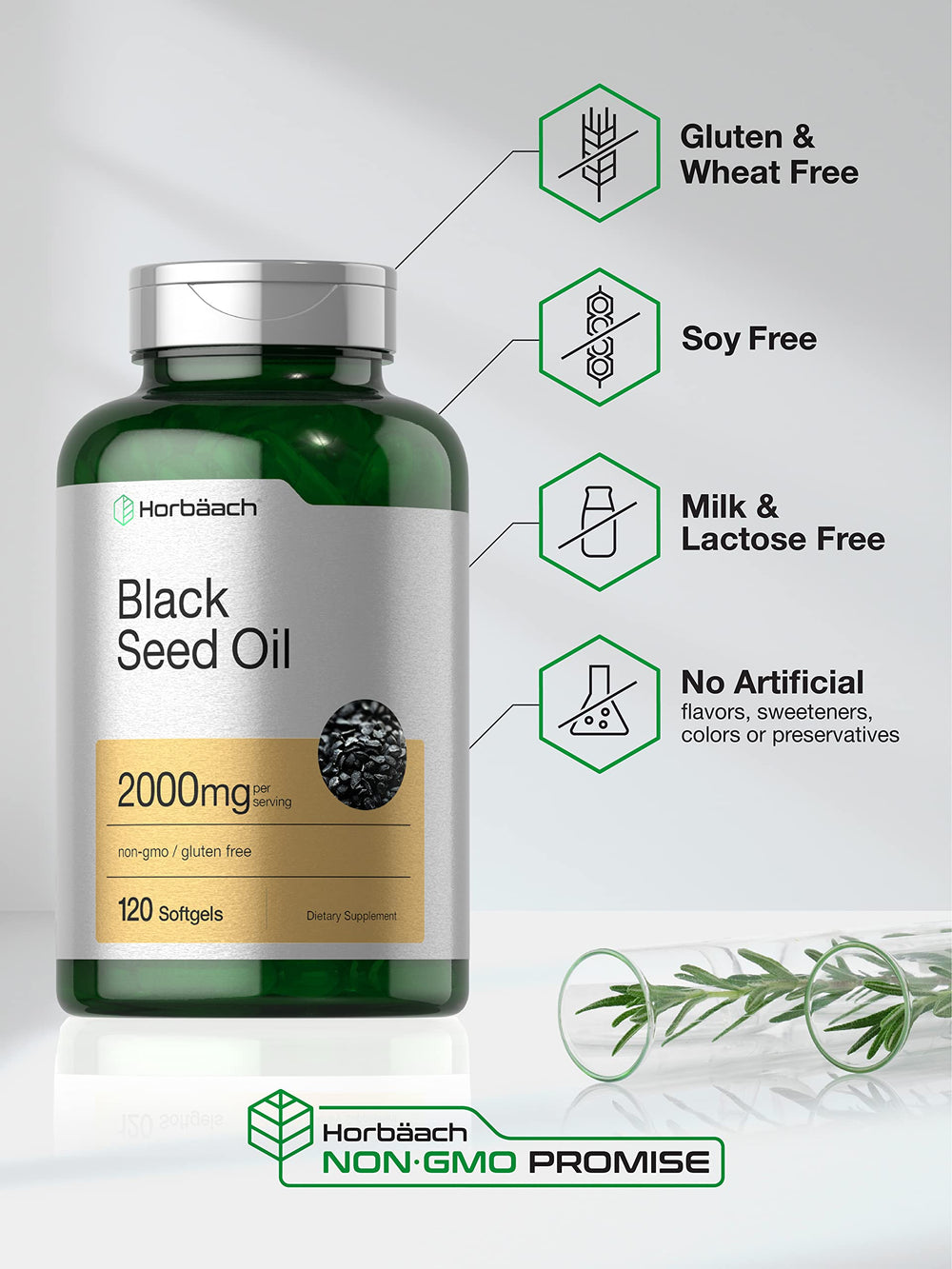 Label showing Omega 6 and 9 for Horbaach Black Seed Oil Softgels