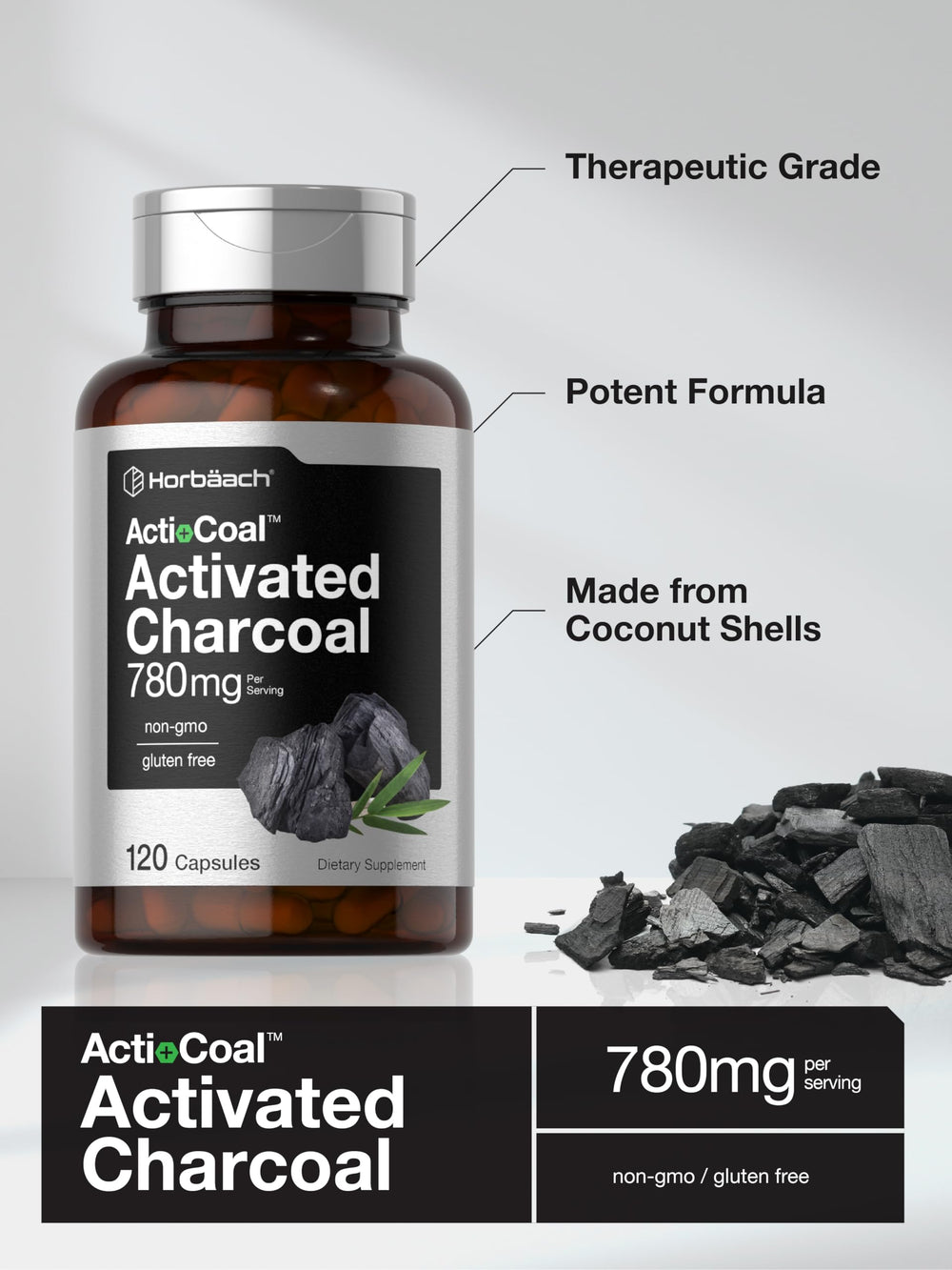 Product bottle label detailing ingredients and Acti-Coal
