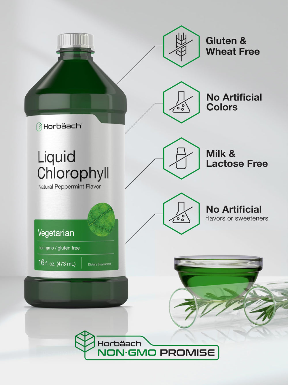 Packaging of Horbäach Chlorophyll Liquid Drops 32 oz