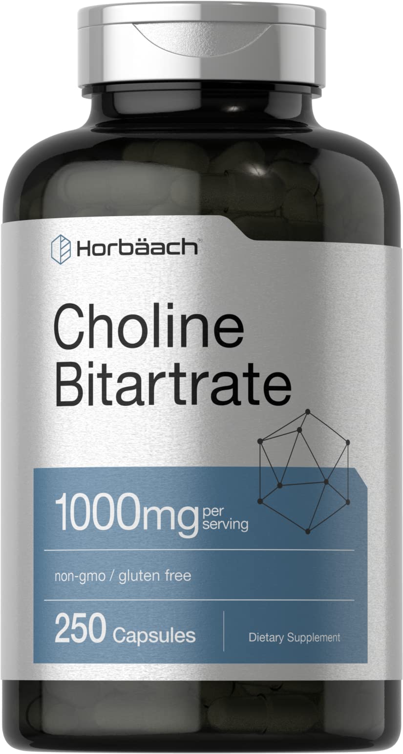 Horbaach Choline Bitartrate supplement bottle, 1000mg, 250 capsules