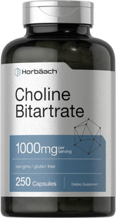 Horbaach Choline Bitartrate supplement bottle, 1000mg, 250 capsules