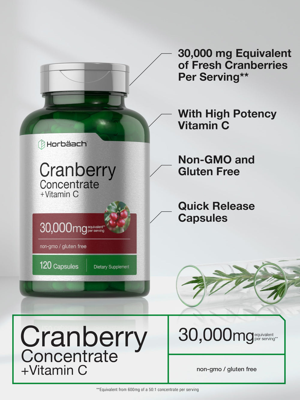 Horbäach Cranberry Concentrate Pills packaging on display with gluten-free and non-GMO features