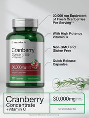 Horbäach Cranberry Concentrate Pills packaging on display with gluten-free and non-GMO features