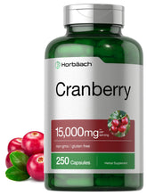 Bottle of Horbaach Cranberry Pills with Vitamin C showing 15,000 mg content
