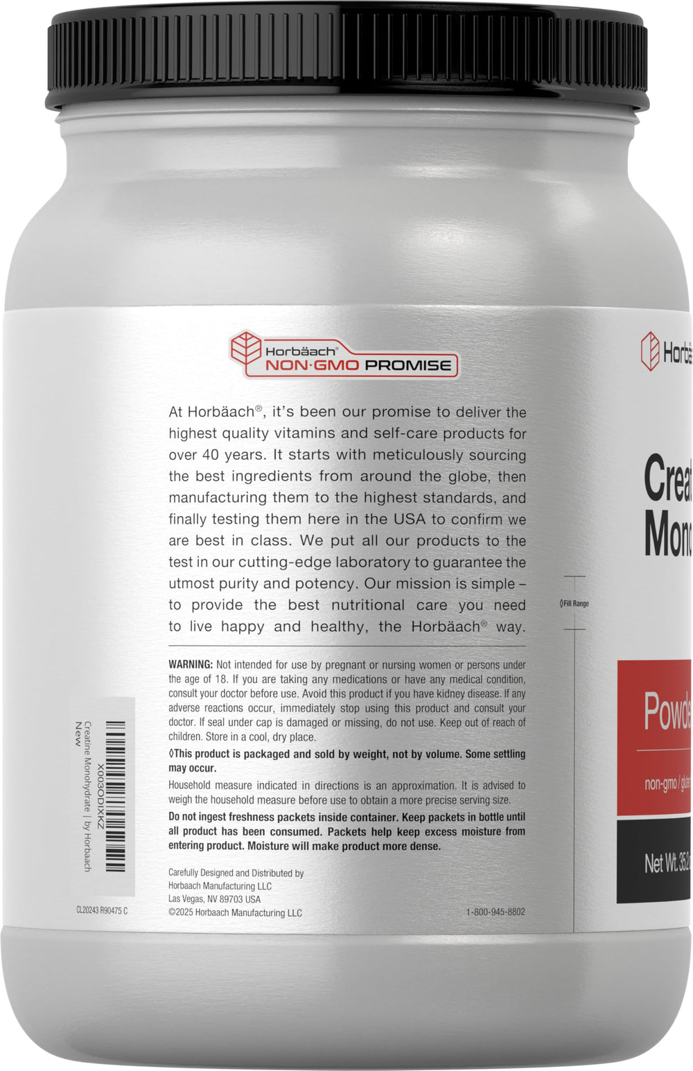 Label showing supplement details for Horbäach Creatine Monohydrate Powder