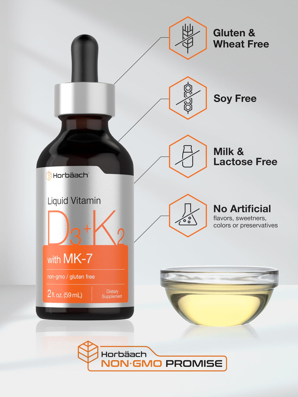 Gluten-free, vegetarian, non-GMO Horbäach supplement badge