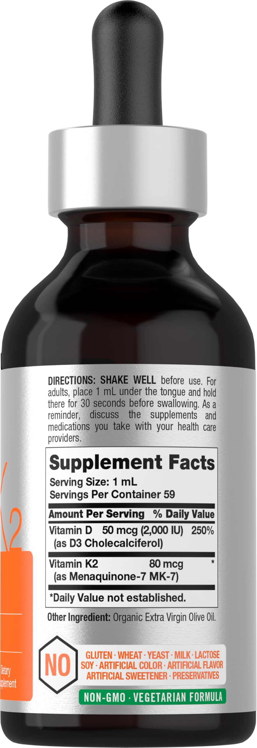 Close-up of Horbäach Vitamin D3 K2 Liquid Drops label