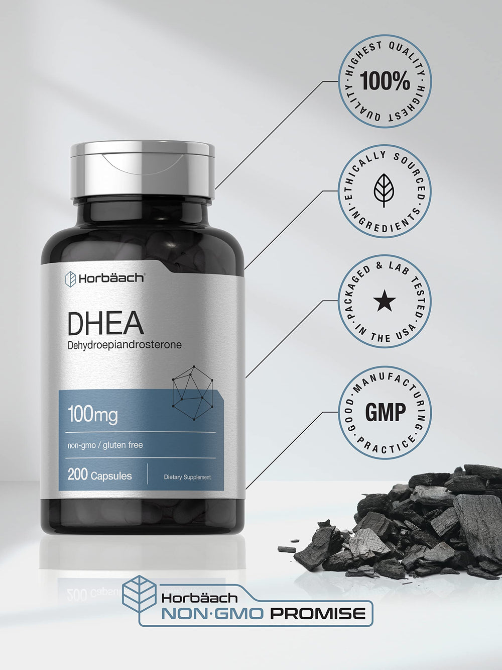 Horbäach DHEA bottle and capsules with dosage information for easy daily use.