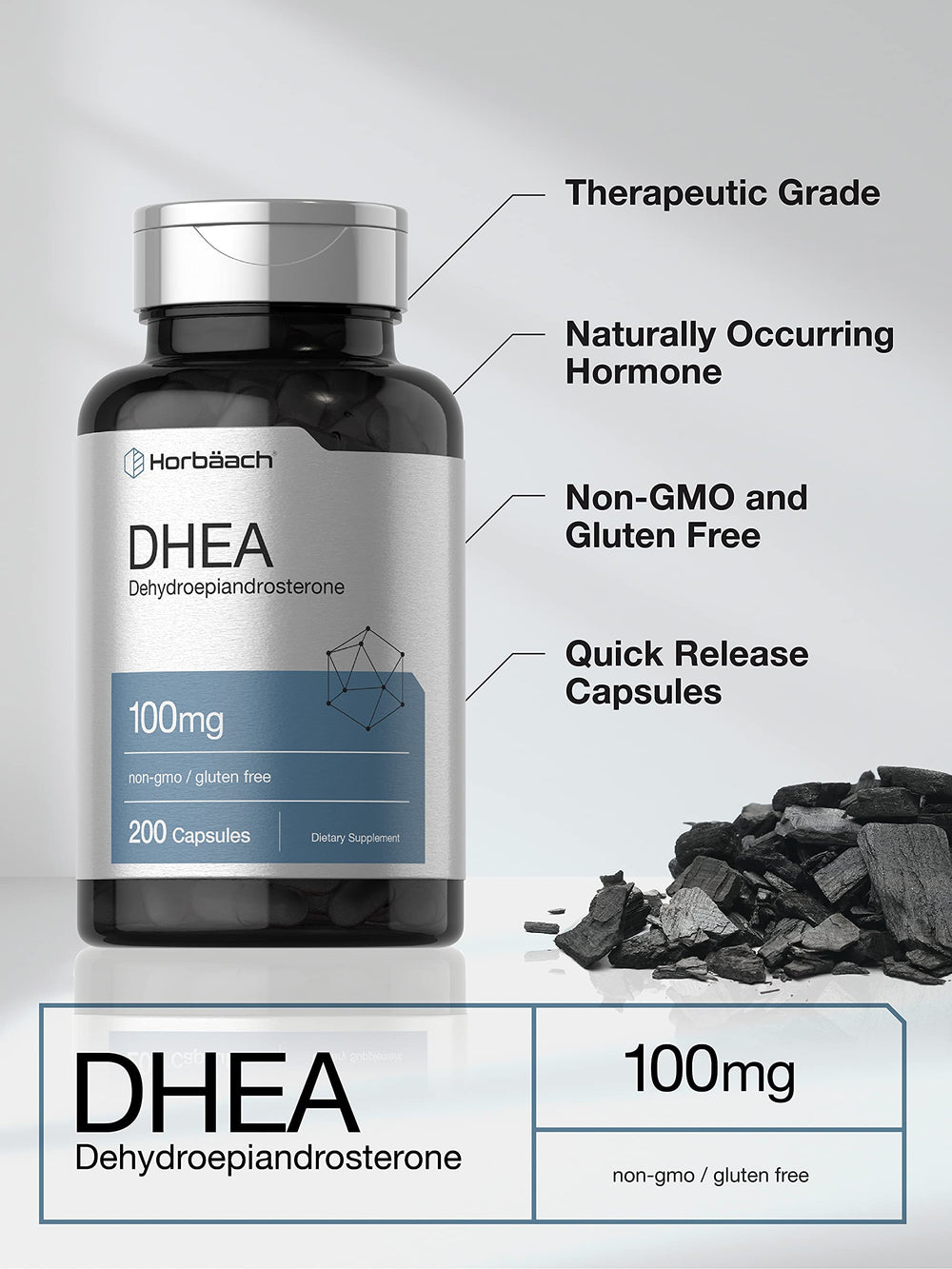 Horbäach DHEA non-GMO seal on label highlighting clean ingredients.