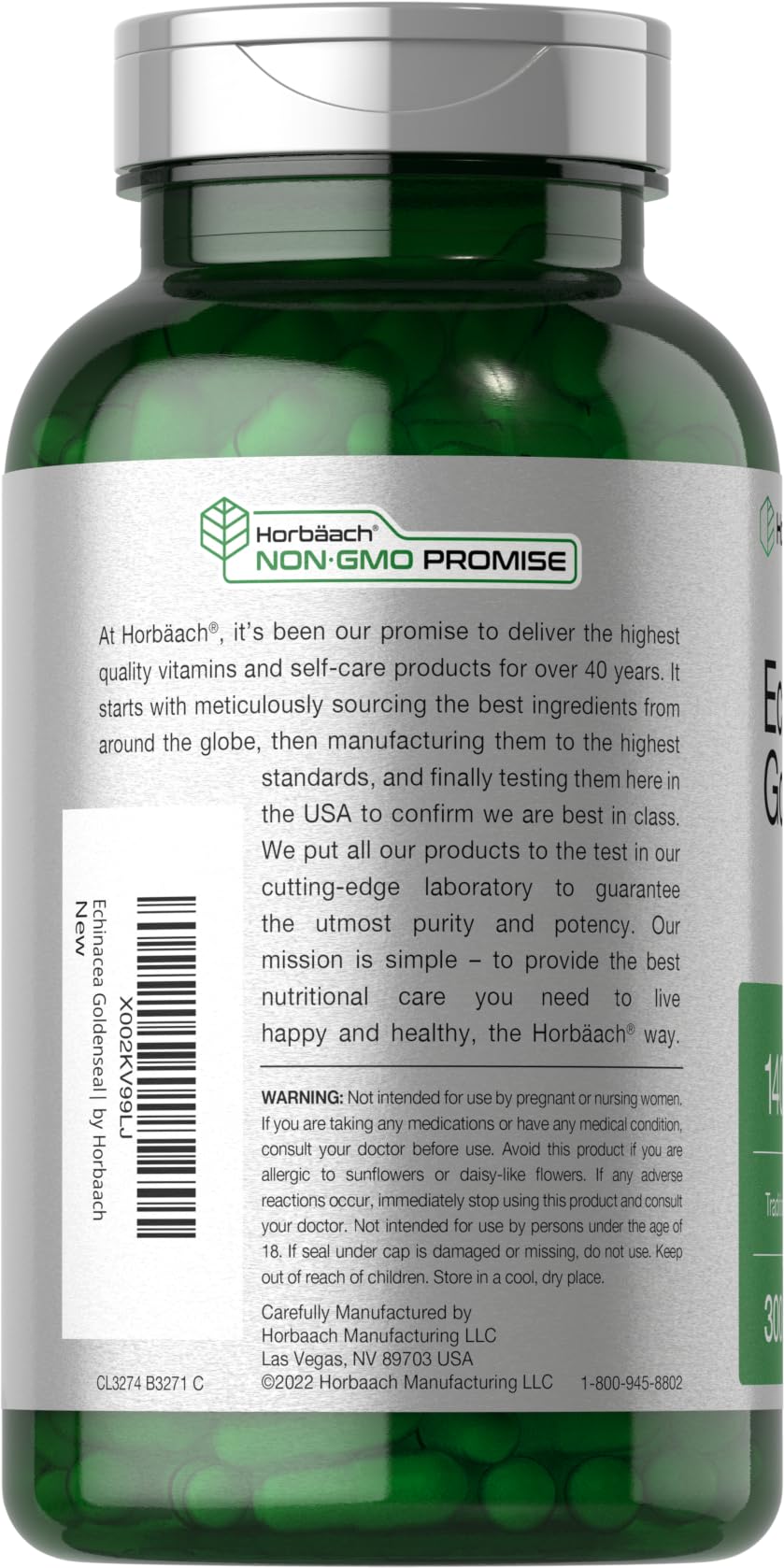 Front packaging of Horbäach Echinacea Goldenseal Capsules
