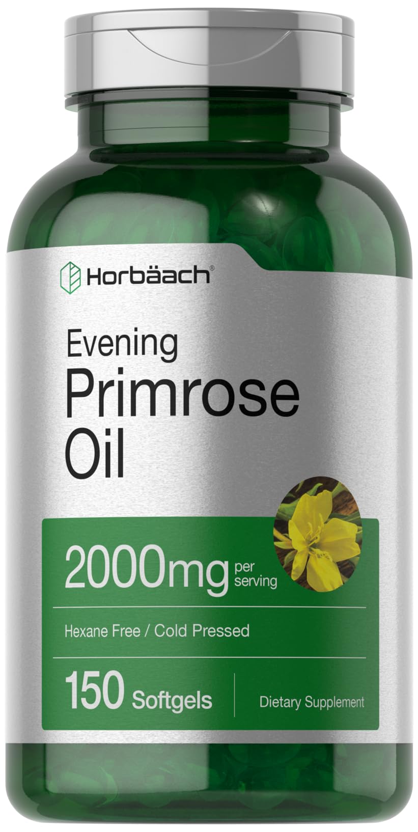 Front view of Horbäach Evening Primrose Oil Softgels bottle (2000 mg, 150 pills)
