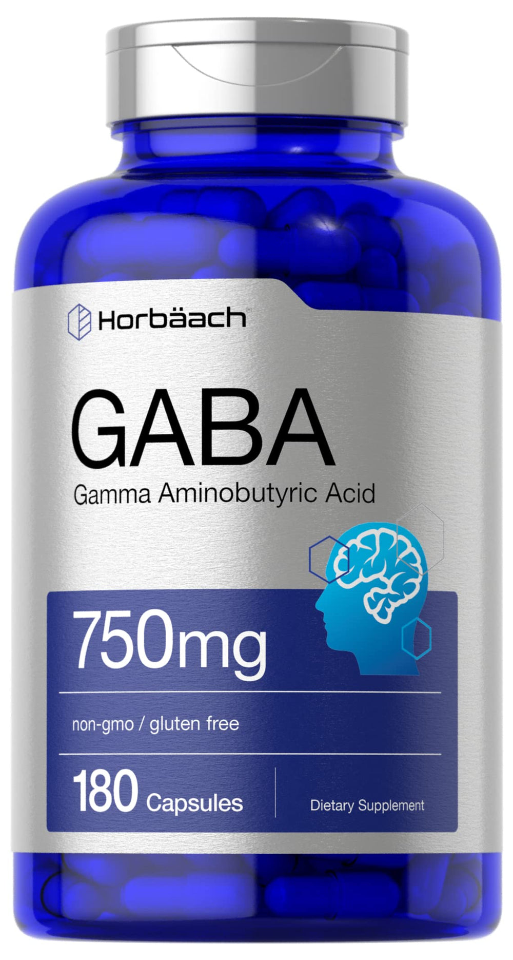 Front view of Horbäach GABA 750mg bottle and label