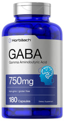 Front view of Horbäach GABA 750mg bottle and label