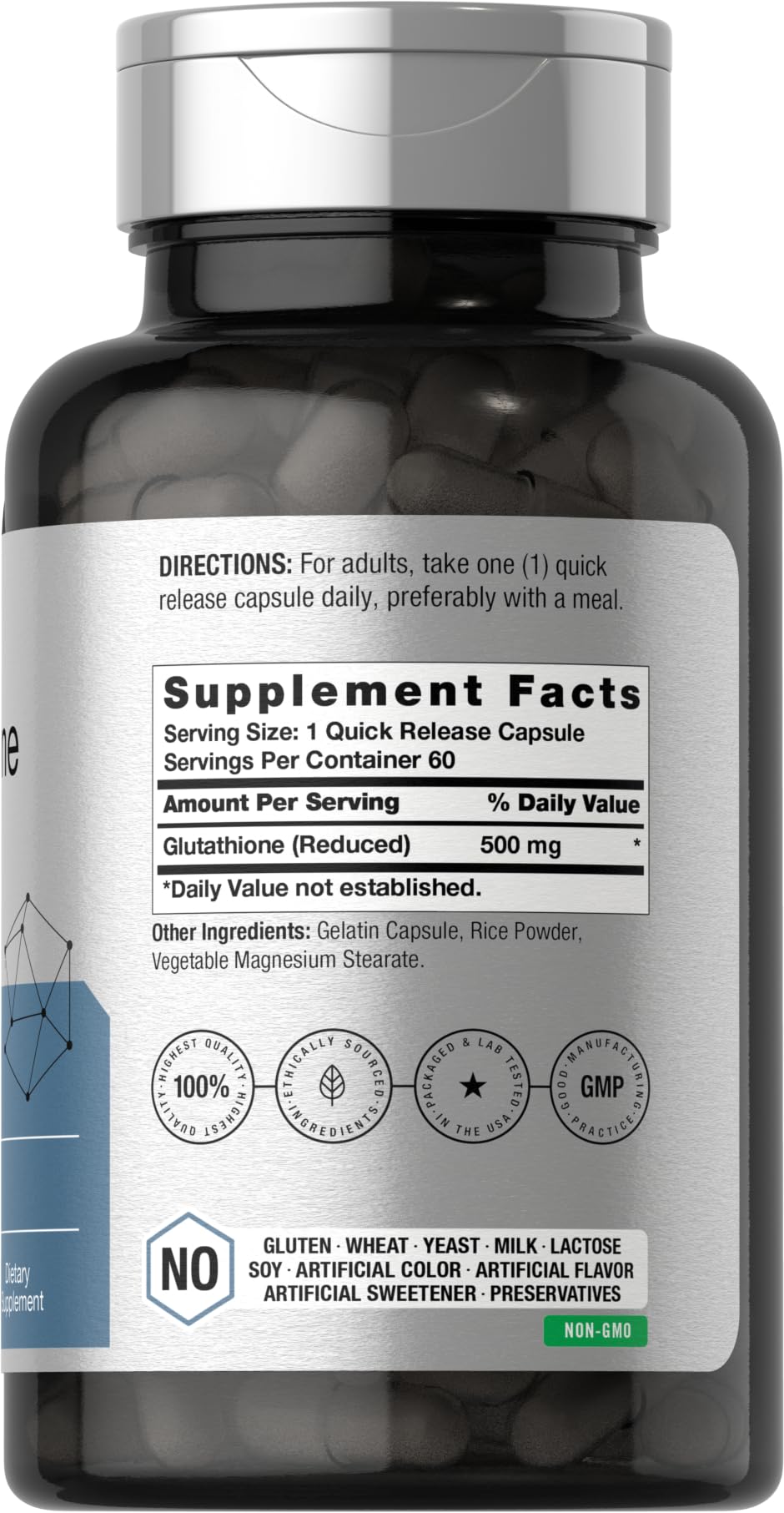 Close-up of Reduced L-Glutathione 500 mg capsules
