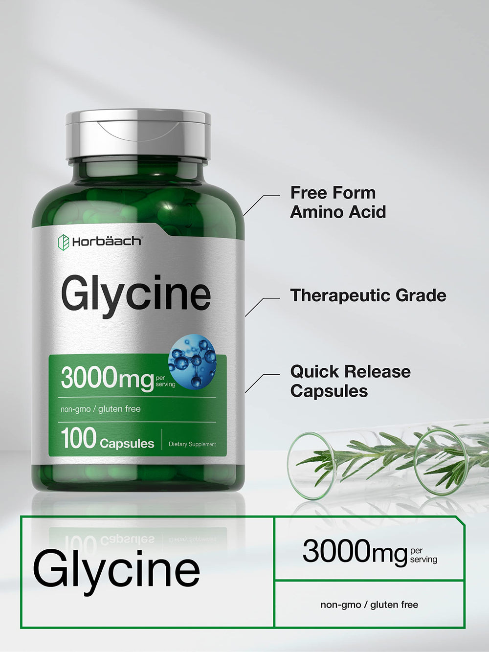 Glycine 3000mg 100 powder capsules packaging