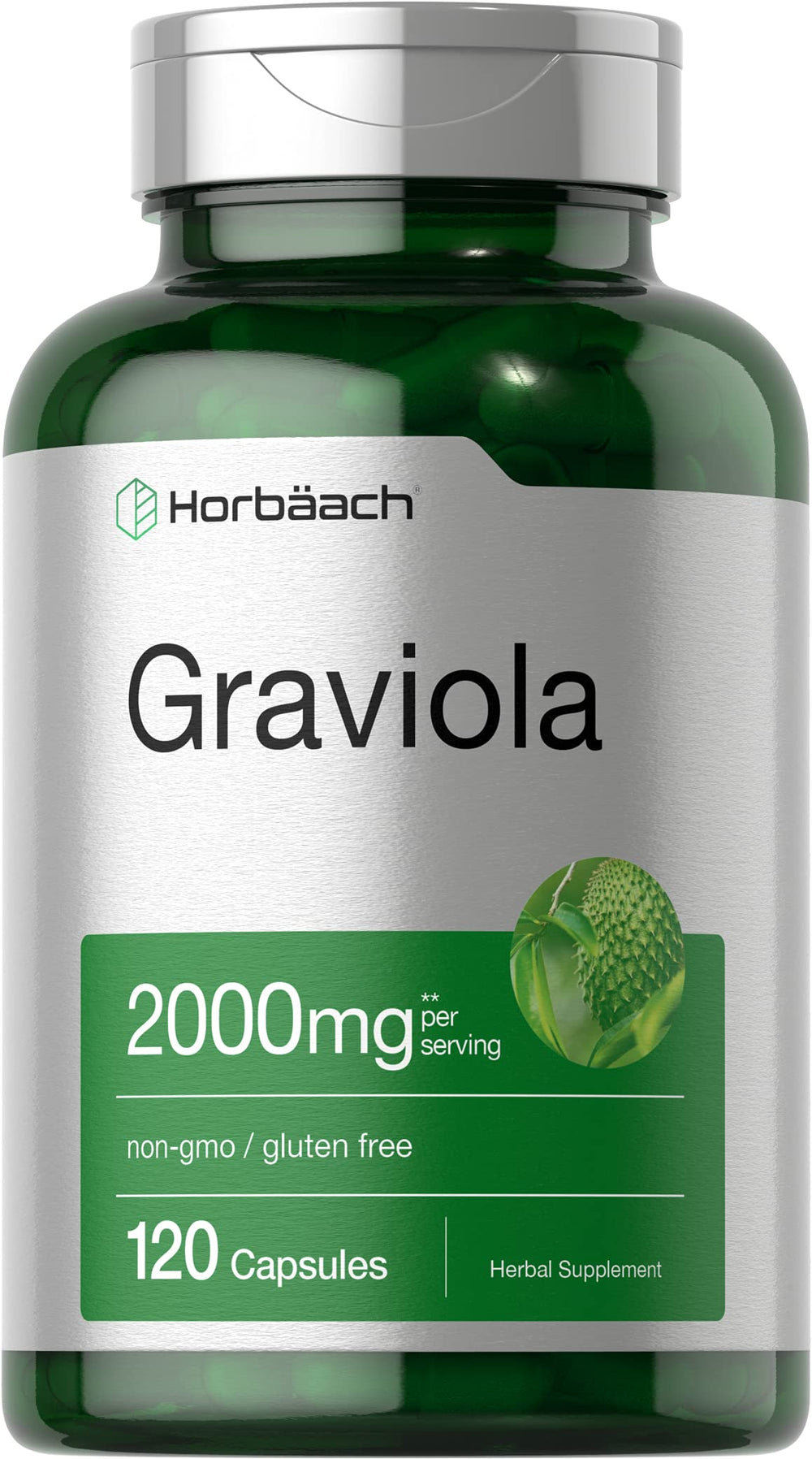 Horbäach Graviola Capsules bottle with 2000 mg per serving, 120-count