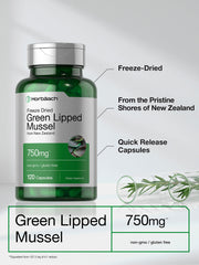 Close-up of Horbäach green lipped mussel supplement bottle label