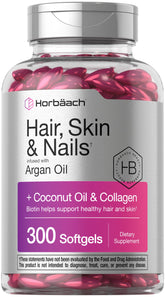 Bottle of Horbaach Hair Skin and Nails vitamins with Argan and Coconut Oil softgels