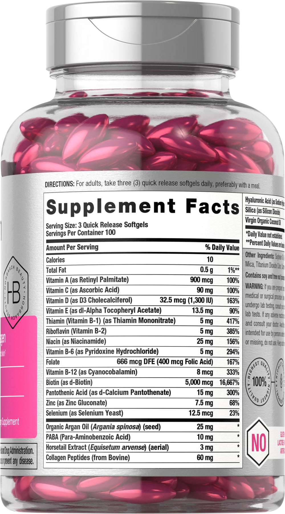 Close-up of Horbaach Hair Skin and Nails bottle label