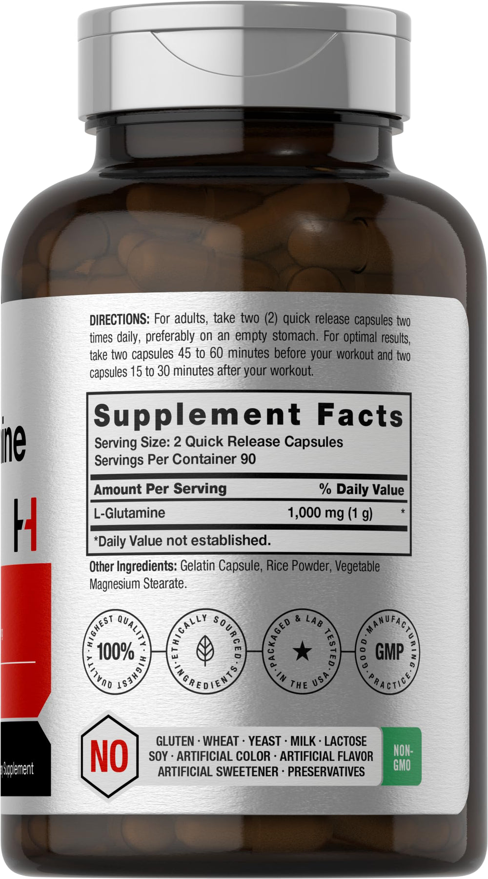 Close-up of L-Glutamine 1000mg capsule bottle label