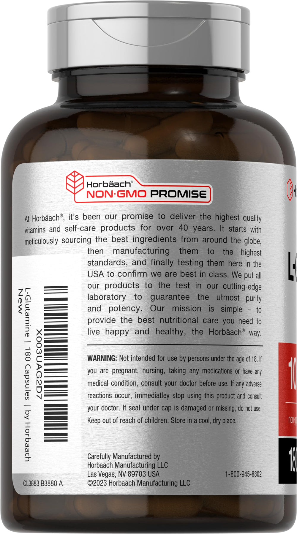 180-count bottle label details for Horbaach L-Glutamine