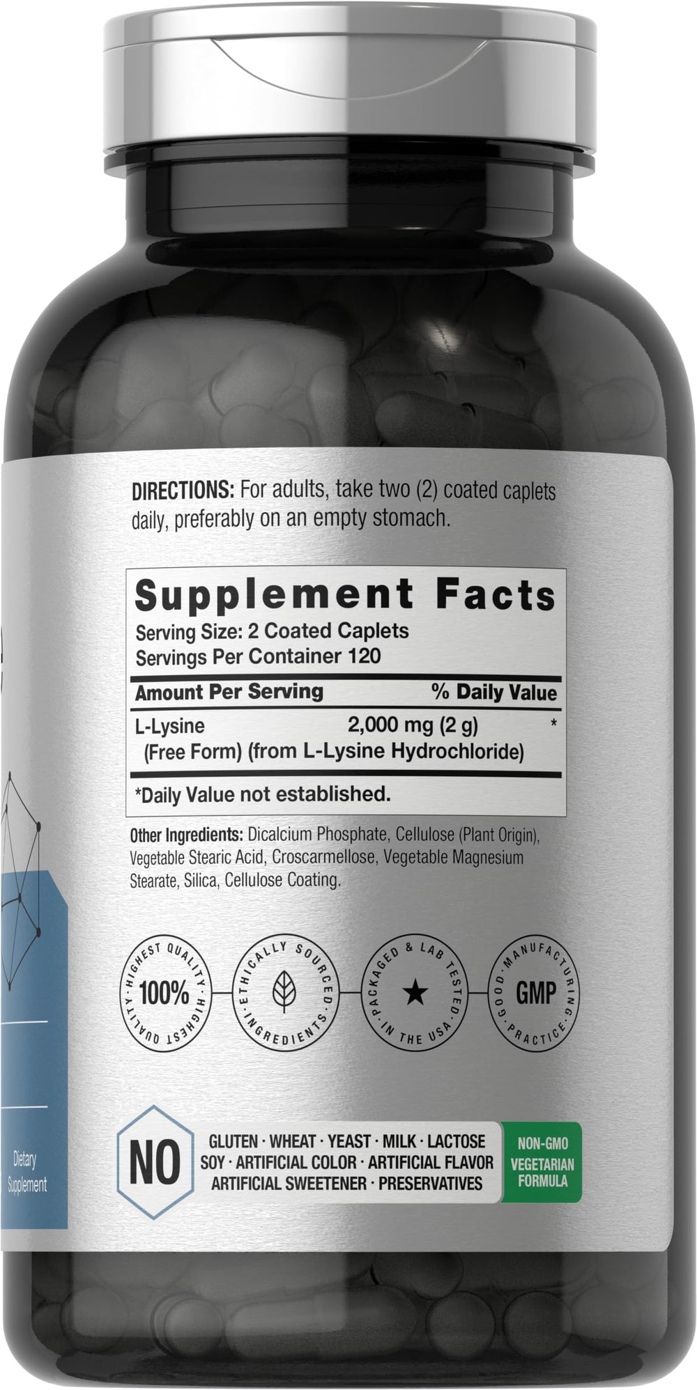 Close-up of L-Lysine 2000 mg supplement facts