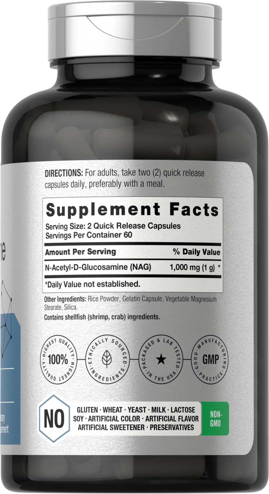 Close-up of Horbaach N-Acetyl Glucosamine bottle label