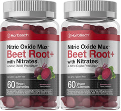 Horbäach Nitric Oxide Beet Root Gummies bottle label and gummies