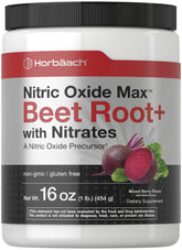Horbaach Nitric Oxide Powder bottle front shows vegan, mixed berry flavor for daily energy support.