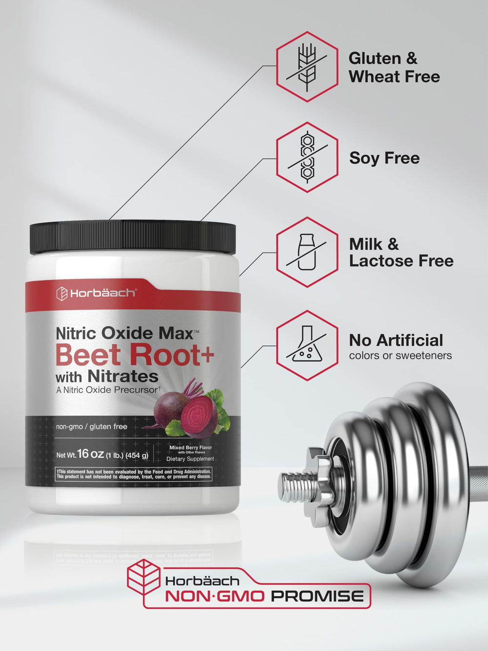 Horbaach Nitric Oxide Powder dissolving in glass suggests berry flavor in liquid form.