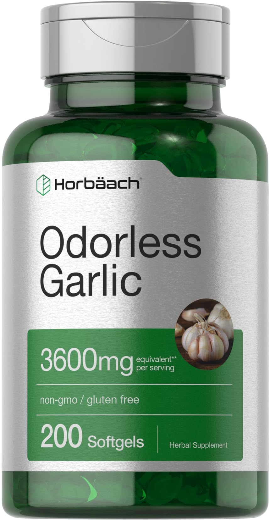 Product bottle front view of Horbäach Odorless Garlic Softgels 3600 mg