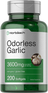Product bottle front view of Horbäach Odorless Garlic Softgels 3600 mg