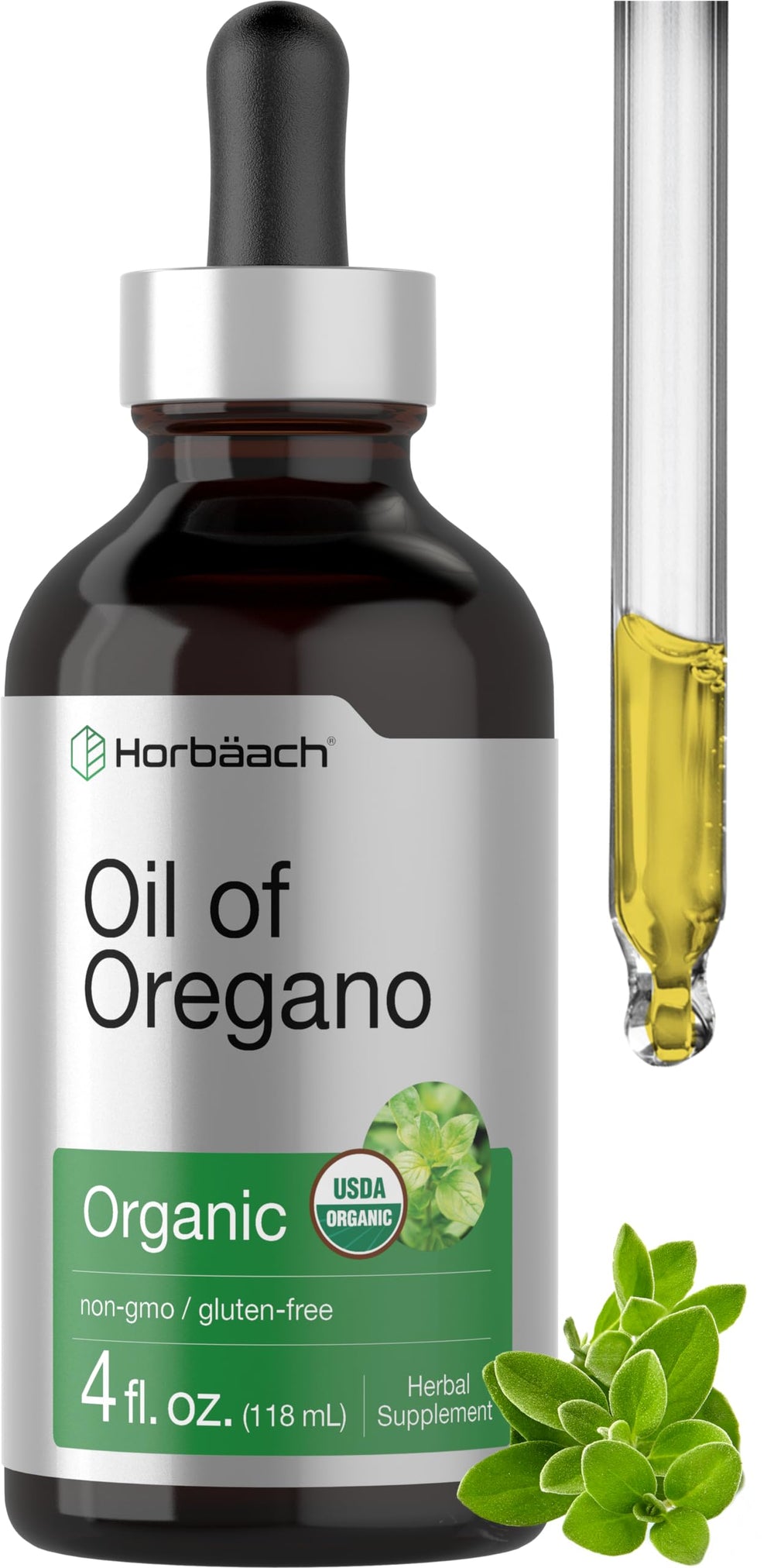 Horbäach Organic Oil of Oregano Drops 4 oz bottle, front view