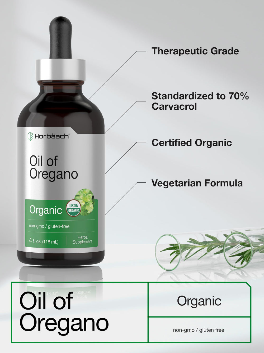 Back of Horbäach oregano oil drops bottle with nutrition facts