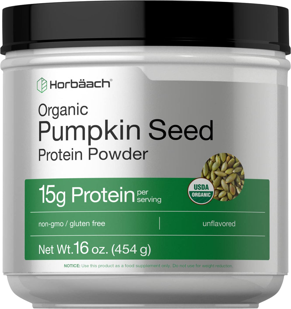 Horbäach pumpkin seed protein powder organic tub label highlights organic formula for clean protein.