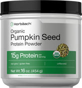 Horbäach pumpkin seed protein powder organic tub label highlights organic formula for clean protein.