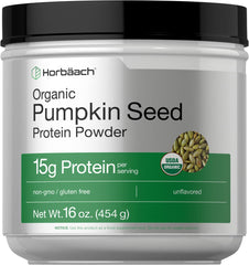 Horbäach pumpkin seed protein powder organic tub label highlights organic formula for clean protein.