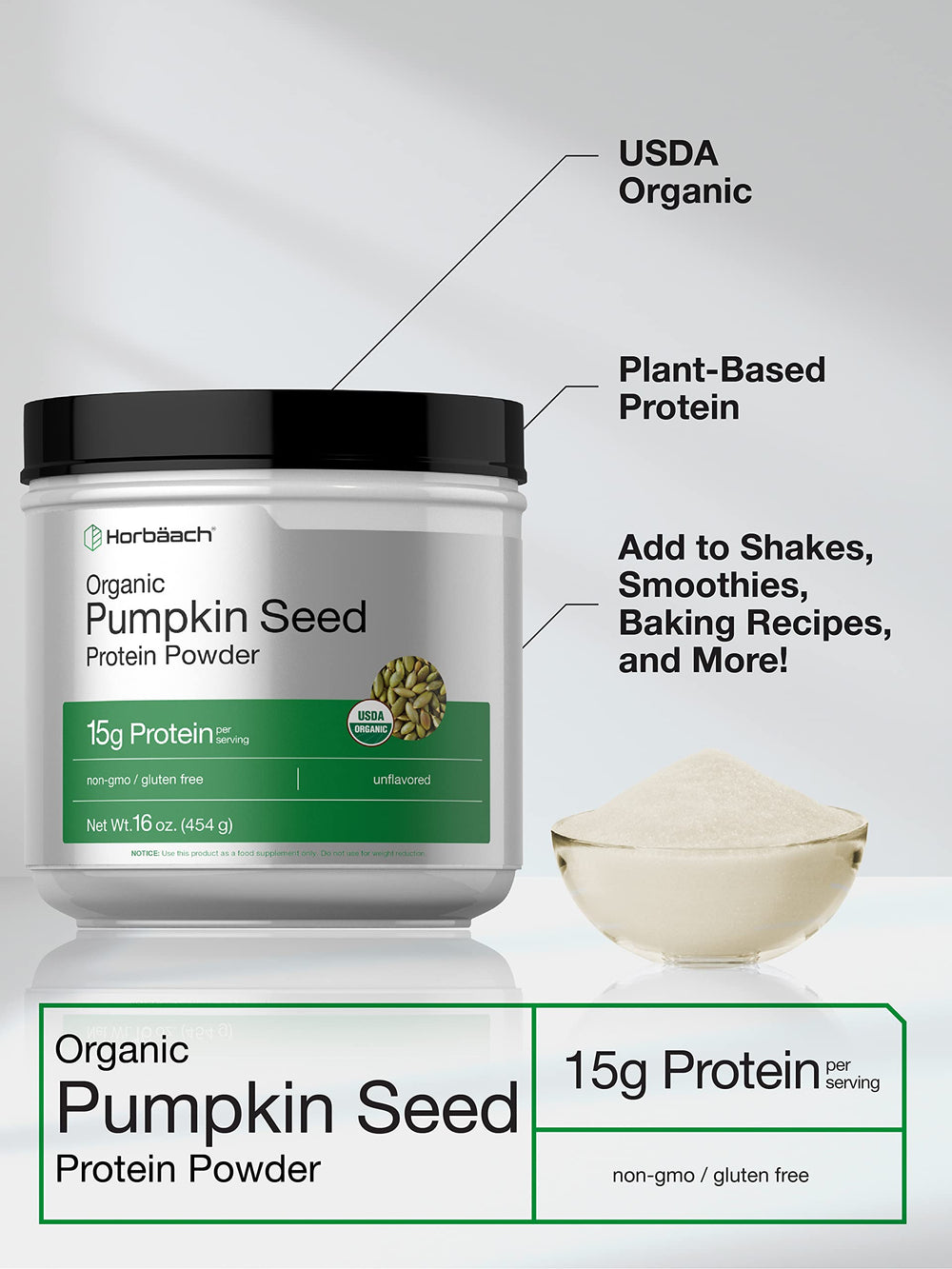 Horbäach pumpkin seed protein powder scoop dispenses evenly for smoothies.
