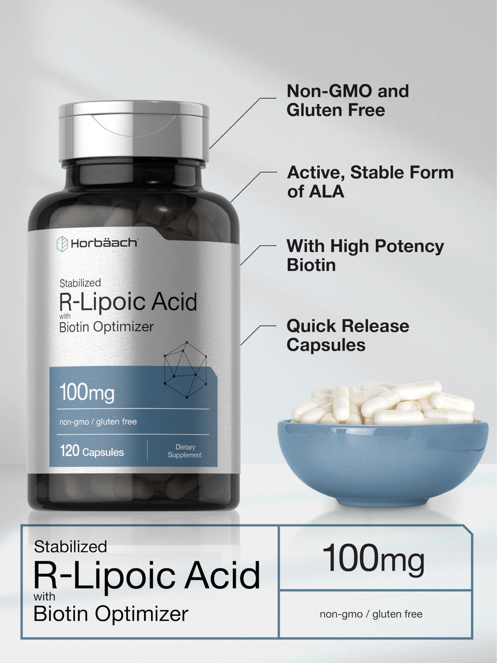 Non-GMO and Gluten-Free Horbaach Lipoic Acid packaging