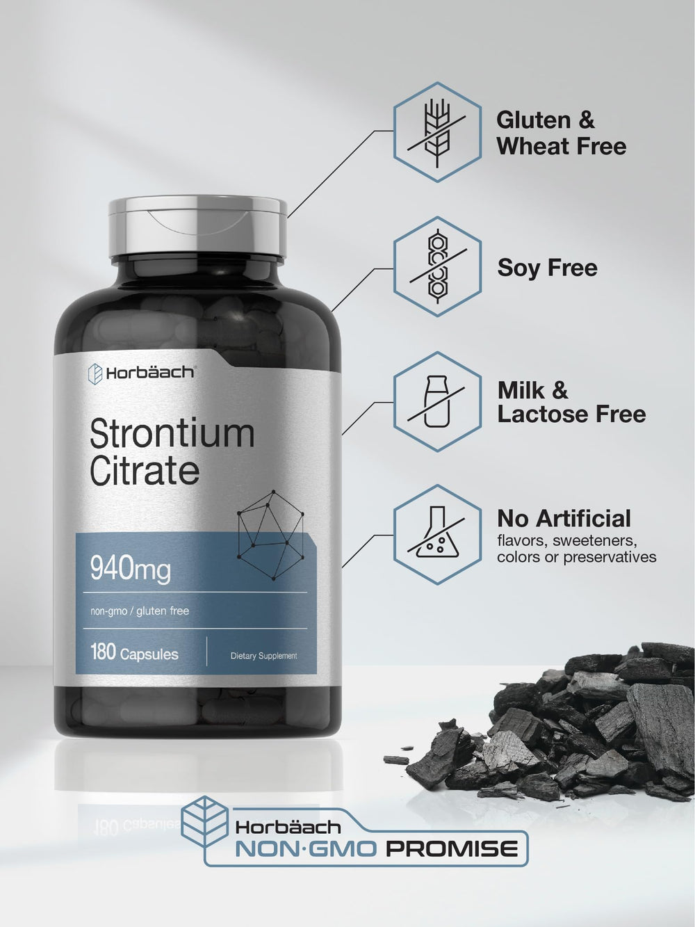 Serving size and dosage information on Horbäach Strontium Citrate bottle label