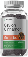 Bottle label showing 2000mg per serving with Horbäach Sugar Free Ceylon Cinnamon Gummies