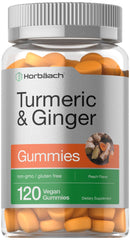 Front view of Horbaach Turmeric & Ginger Gummies Peach Flavor bottle, 120 count