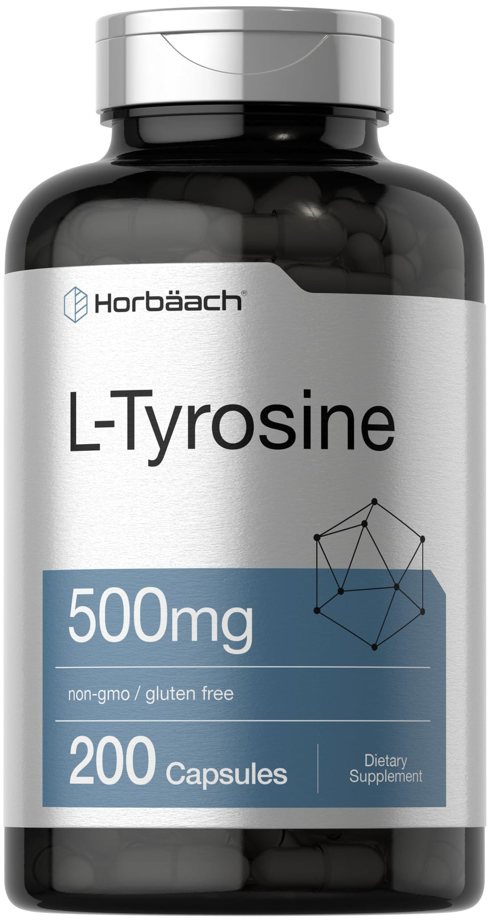 Horbäach L-Tyrosine 500mg bottle and capsules