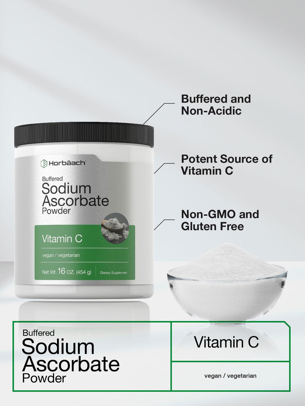 Vitamin C powder label highlighting vegan, non-GMO, gluten-free