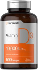 Bottle of Horbaach Vitamin D3 10000 IU 500 softgels